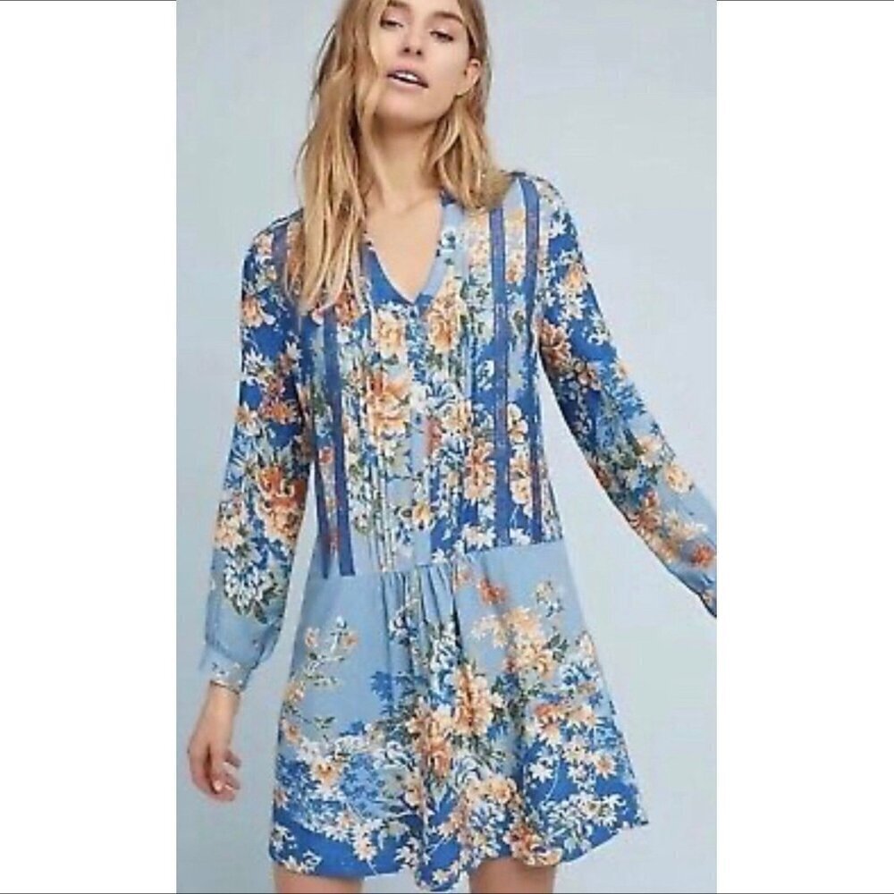 Tiny Anthropologie Gaina boho boxy dress blue floral lace trim shift tunic Small
